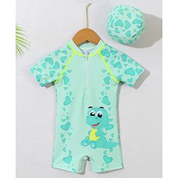 Babyhug Half Raglan Sleeves Legged Swimsuit With Dino Print & Cap - Sea Green