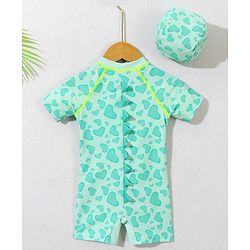 Babyhug Half Raglan Sleeves Legged Swimsuit With Dino Print & Cap - Sea Green
