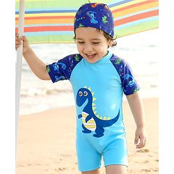 Babyhug Half Raglan Sleeves Legged Swimsuit With Dino Print & Cap - Light Blue