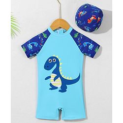 Babyhug Half Raglan Sleeves Legged Swimsuit With Dino Print & Cap - Light Blue