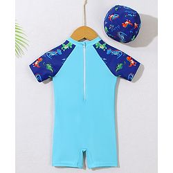 Babyhug Half Raglan Sleeves Legged Swimsuit With Dino Print & Cap - Light Blue