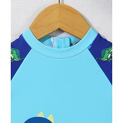Babyhug Half Raglan Sleeves Legged Swimsuit With Dino Print & Cap - Light Blue
