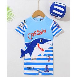 Babyhug Half Raglan Sleeves Legged Swimsuit With Shark Print & Cap - Light Blue