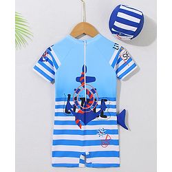 Babyhug Half Raglan Sleeves Legged Swimsuit With Shark Print & Cap - Light Blue