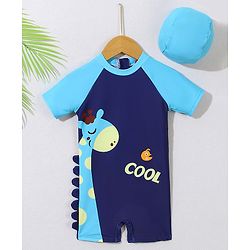 Babyhug Half Raglan Sleeves Legged Swimsuit With Giraffe Print & Cap - Navy Blue