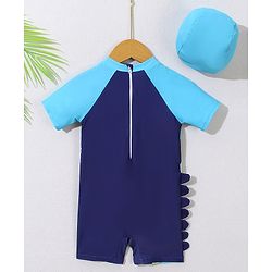 Babyhug Half Raglan Sleeves Legged Swimsuit With Giraffe Print & Cap - Navy Blue