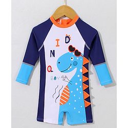 Babyhug Full Raglan Sleeves Legged Swimsuit With Dino Print - White