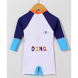 Babyhug Full Raglan Sleeves Legged Swimsuit With Dino Print - White