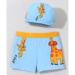 Babyhug Swimming Trunk With Giraffe Print & Cap - Light Blue