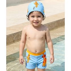 Babyhug Swimming Trunk With Giraffe Print & Cap - Light Blue