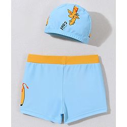 Babyhug Swimming Trunk With Giraffe Print & Cap - Light Blue