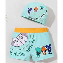 Babyhug Swimming Trunk With Animal Print & Cap - Sea Green