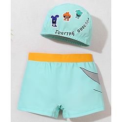 Babyhug Swimming Trunk With Animal Print & Cap - Sea Green