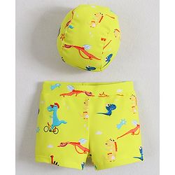 Babyhug Swimming Trunks With Dino Print & Cap - Yellow