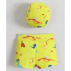 Babyhug Swimming Trunks With Dino Print & Cap - Yellow
