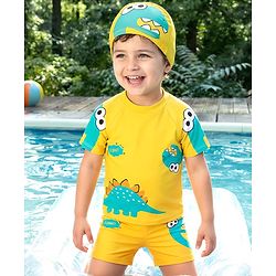 Babyhug Half Raglan Sleeves Two Piece Swimsuit With Dino Print & Cap - Yellow