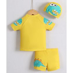 Babyhug Half Raglan Sleeves Two Piece Swimsuit With Dino Print & Cap - Yellow