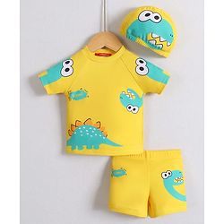 Babyhug Half Raglan Sleeves Two Piece Swimsuit With Dino Print & Cap - Yellow