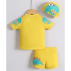 Babyhug Half Raglan Sleeves Two Piece Swimsuit With Dino Print & Cap - Yellow