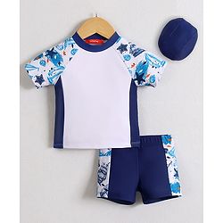 Babyhug Half Raglan Sleeves Two Piece Swimsuit With Nautical Theme & Cap - White