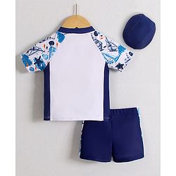 Babyhug Half Raglan Sleeves Two Piece Swimsuit With Nautical Theme & Cap - White