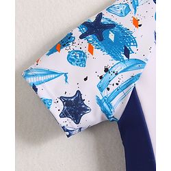 Babyhug Half Raglan Sleeves Two Piece Swimsuit With Nautical Theme & Cap - White