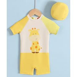 Babyhug Half Raglan Sleeves Legged Swimsuit With Giraffe Print & Cap - Yellow