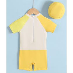 Babyhug Half Raglan Sleeves Legged Swimsuit With Giraffe Print & Cap - Yellow