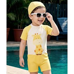 Babyhug Half Raglan Sleeves Legged Swimsuit With Giraffe Print & Cap - Yellow