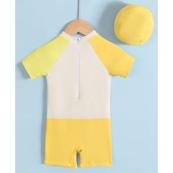 Babyhug Half Raglan Sleeves Legged Swimsuit With Giraffe Print & Cap - Yellow