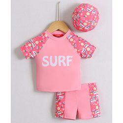 Babyhug Half Raglan Sleeves Two Piece Swimsuit With Tropical Theme Print & Cap - Pink