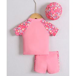 Babyhug Half Raglan Sleeves Two Piece Swimsuit With Tropical Theme Print & Cap - Pink