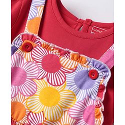 Babyhug Cotton Woven Half Sleeves Inner T-Shirt & Frock with Floral & Bow Applique  - Pink & Red