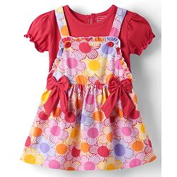 Babyhug Cotton Woven Half Sleeves Inner T-Shirt & Frock with Floral & Bow Applique  - Pink & Red