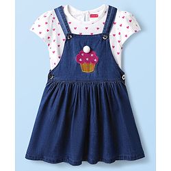Babyhug  Cotton Knit Half Sleeves Inner T-Shirt & Frock with Cupcake Embroidery & Heart Print - Blue & White