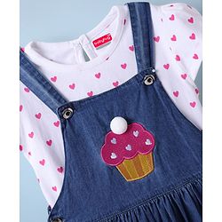 Babyhug  Cotton Knit Half Sleeves Inner T-Shirt & Frock with Cupcake Embroidery & Heart Print - Blue & White