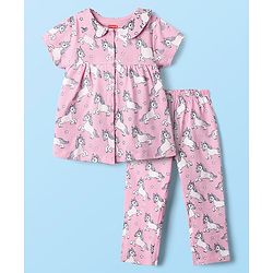 Babyhug Cotton Knit Half Sleeves Co-ords Front Open Night Suit with Unicorn Print - Pink