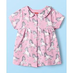 Babyhug Cotton Knit Half Sleeves Co-ords Front Open Night Suit with Unicorn Print - Pink