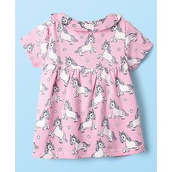 Babyhug Cotton Knit Half Sleeves Co-ords Front Open Night Suit with Unicorn Print - Pink