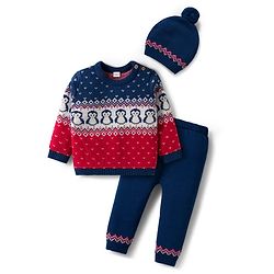 Babyhug Organic Cotton Knitted Full Sleeves Sweater Set With Penguin Design & Cap - Navy Blue & Red