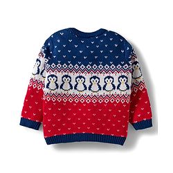 Babyhug Organic Cotton Knitted Full Sleeves Sweater Set With Penguin Design & Cap - Navy Blue & Red