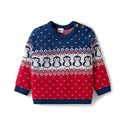 Babyhug Organic Cotton Knitted Full Sleeves Sweater Set With Penguin Design & Cap - Navy Blue & Red