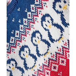 Babyhug Organic Cotton Knitted Full Sleeves Sweater Set With Penguin Design & Cap - Navy Blue & Red
