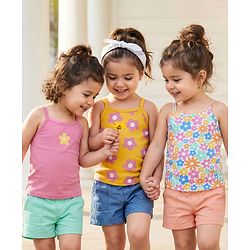 Babyhug 100% Cotton Single Jersey Knit Antibacterial Sleeveless Slips With Floral  Print Pack Of 3 - Pink Yellow & Light Blue