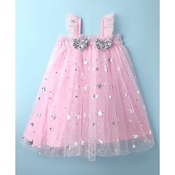Babyhug Woven Sleeveless Party Dress With Foil Star Print & Bow Applique - Pink