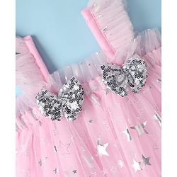 Babyhug Woven Sleeveless Party Dress With Foil Star Print & Bow Applique - Pink