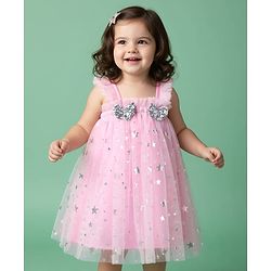 Babyhug Woven Sleeveless Party Dress With Foil Star Print & Bow Applique - Pink