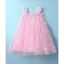 Babyhug Woven Sleeveless Party Dress With Foil Star Print & Bow Applique - Pink