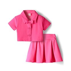 Babyhug Knit Half Sleeves Solid Color Top & Skirt Set with Bow Applique - Dark Pink