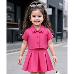 Babyhug Knit Half Sleeves Solid Color Top & Skirt Set with Bow Applique - Dark Pink